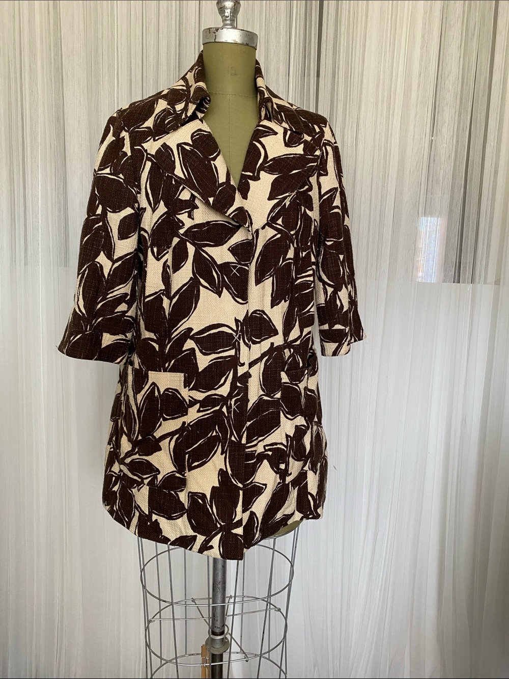 Nine West Tweed Coat/Jacket 3/4 Sleeves! Brown/Ivory floral Size L